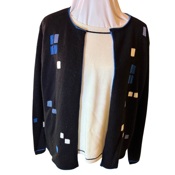 NWT Vintage Cricket Lane Collection Cardigan Open Front Black Blue Geometric L - Picture 1 of 10